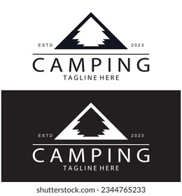 vintage and retro tent logo, camping. With tent, tree and bonfire sign. adventurers, scouts, climbers, camping equipment center