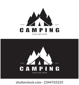 vintage and retro tent logo, camping. With tent, tree and bonfire sign. adventurers, scouts, climbers, camping equipment center