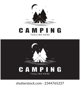 vintage and retro tent logo, camping. With tent, tree and bonfire sign. adventurers, scouts, climbers, camping equipment center