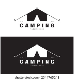 vintage and retro tent logo, camping. With tent, tree and bonfire sign. adventurers, scouts, climbers, camping equipment center