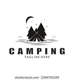 vintage and retro tent logo, camping. With tent, tree and bonfire sign. adventurers, scouts, climbers, camping equipment center