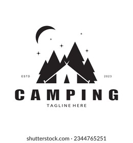 vintage and retro tent logo, camping. With tent, tree and bonfire sign. adventurers, scouts, climbers, camping equipment center