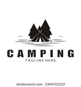 vintage and retro tent logo, camping. With tent, tree and bonfire sign. adventurers, scouts, climbers, camping equipment center