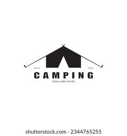 vintage and retro tent logo, camping. With tent, tree and bonfire sign. adventurers, scouts, climbers, camping equipment center