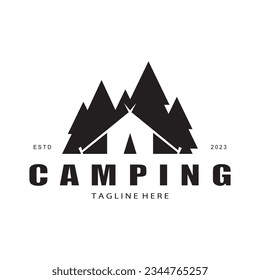 vintage and retro tent logo, camping. With tent, tree and bonfire sign. adventurers, scouts, climbers, camping equipment center