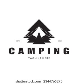 vintage and retro tent logo, camping. With tent, tree and bonfire sign. adventurers, scouts, climbers, camping equipment center