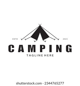 vintage and retro tent logo, camping. With tent, tree and bonfire sign. adventurers, scouts, climbers, camping equipment center