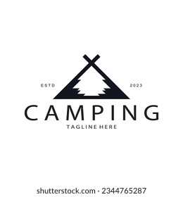 vintage and retro tent logo, camping. With tent, tree and bonfire sign. adventurers, scouts, climbers, camping equipment center