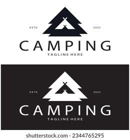 vintage and retro tent logo, camping. With tent, tree and bonfire sign. adventurers, scouts, climbers, camping equipment center