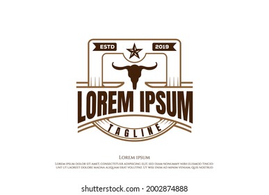 Vintage Retro Texas Bison Bull Longhorn Skull Logo Design Vector