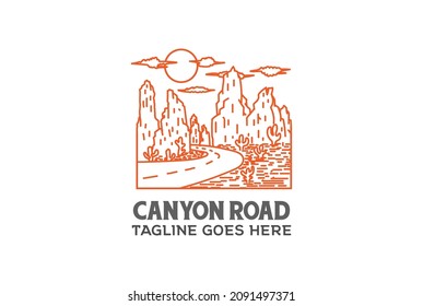 Vintage Retro Texas Canyon with Road and Cactus Desert Logo Design Vector