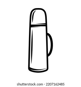 Vintage retro thermos for camping. Can be used like emblem, logo, badge, label. mark, poster or print. Monochrome Graphic Art. Vector Illustration.
