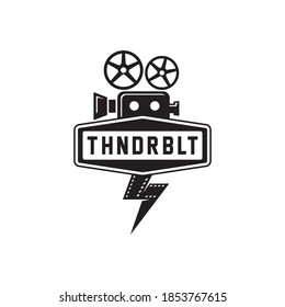 vintage retro thunderbolt movie camera sign vector icon