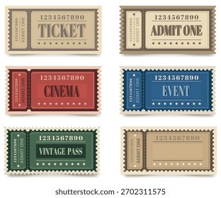 Vintage Retro Ticket Vorlage mit "Ticket" und "Admit One" Text. Flacher Vektorstil, alte Typografie, strukturierte Details. Perfekt für Veranstaltungen, Partys, Kino, Zirkus und Promotionen