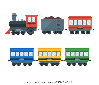 Vintage Retro Transportation Train. Locomotive with Wagons Set. Flat Design Style. Vector illustration if Cartoon Toy Train With Colorful Blocks. Cargo Railway