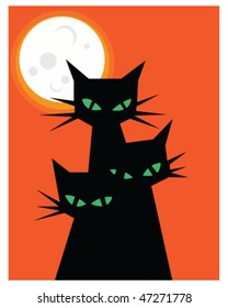 Vintage Retro Trendy Black Halloween Cats Vector Season of the Witch Green Eye Kitty