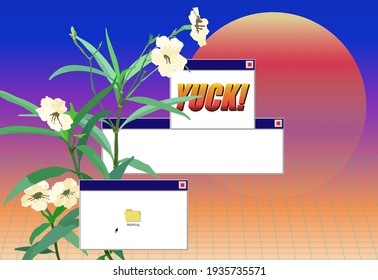 Vintage retro tropical fun computer desktop and flowers, vintage computer message box style, 80s 90s inspired cute and fun nostalgia background template