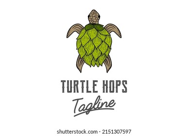 Vintage Retro Turtle Tortoise with Hop Flower for Craft Beer Brewing Brewery Logo Design Vector