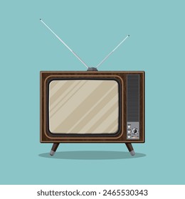 Vintage retro TV with antenna and empty screen in wooden case. vector illustration in flat style isolated on green background