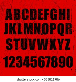 Vintage retro typeface. Stamped alphabet with numbers and symbols., scratched. Isolated on grunge background