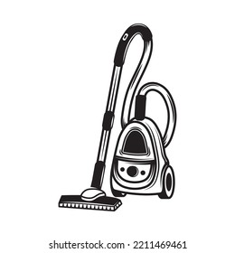 Vintage retro vacuum cleaner. Can be used like emblem, logo, badge, label. mark, poster or print. Monochrome Graphic Art. Vector Illustration. Engraving woodcut slyle.
