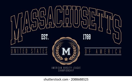 Vintage retro varsity massachusetts state slogan print with college emblem for graphic tee t shirt or sweatshirt - Vector