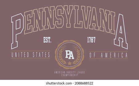 Vintage retro varsity pennsylvania state slogan print with college emblem for graphic tee t shirt or sweatshirt - Vector