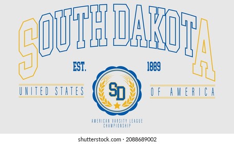 Vintage Retro Varsity South Dakota State Slogan Print With College Emblem For Graphic Tee T Shirt Or Sweatshirt - Vector