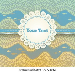 vintage retro vector cute frame on doodle background with fish
