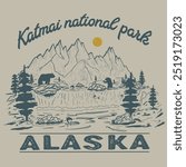 vintage or retro vector design of river view in Alaska with two bears with mountains behind them