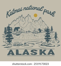 vintage or retro vector design of river view in Alaska with two bears with mountains behind them