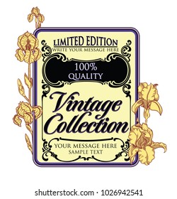 Vintage retro vector frame with line style hand drown blooming flowers isolated on white background.Unique and authentic antique design of label. Detailed illustration blooming yellow iris flowers