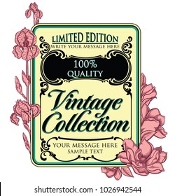 Vintage retro vector frame with line style hand drown blooming flowers isolated on white background.Unique and authentic antique design of label. Detailed illustration iris flowers and apple blossom