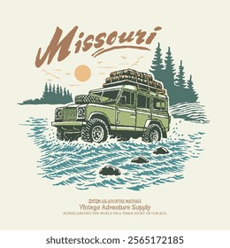 Vintage retro vector illustration old 4x4 awd jeep car adventure on river forest nature national park