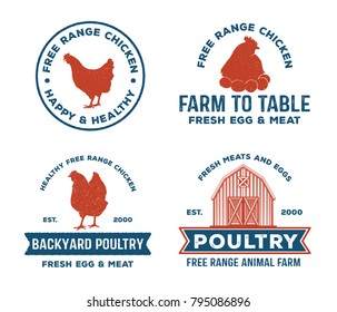 vintage retro vector label badge design set of farm, poultry, chicken, hen, rooster, livestock  