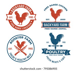 vintage retro vector label badge design set of farm, poultry, chicken, hen, rooster, livestock  