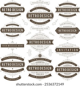 Logotipo del Vector retro de Antiguas para el Anuncio, etiqueta, insignia, Plantilla. Antiguas, Elementos de diseño de Vector retro. Tipografía de estilo retro. Etiquetas, cintas, adornos, decoraciones, insignias, sellos, Anuncio, signos de venta