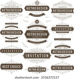 Logotipo del Vector retro de Antiguas para el Anuncio, etiqueta, insignia, Plantilla. Antiguas, Elementos de diseño de Vector retro. Tipografía de estilo retro. Etiquetas, cintas, adornos, decoraciones, insignias, sellos, Anuncio, signos de venta