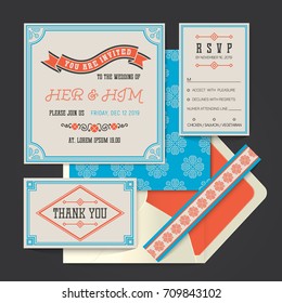 Vintage retro vector Wedding invitation card template set.