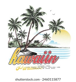 Vintage Retro vibes tropical palm tree summer beach t-shirt print design, Hawaiian paradise slogan text print , grunge text effects for waves, sun ,sky, vector illustrations on Hawaiian tropical theme