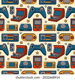 Vintage Retro Video Game Seamless Pattern Background Vector Design with 80s or 90s Old Gaming Device Style Illustration 