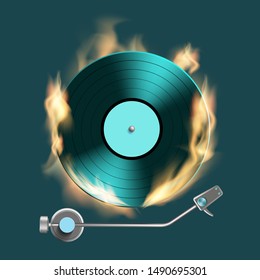 Vintage retro vinyl music disc on fire. Vector illustration.