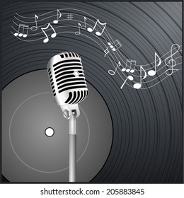 Vintage retro vinyl record background with microphone and wavy notes - vector art image illustration poster. music wallpaper, black and white drawn design eps10
