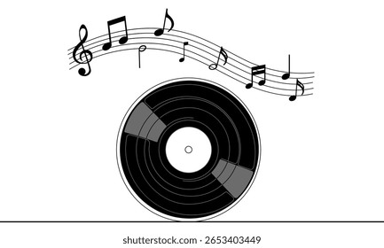 Vintage retro vinyl record disc and music notes vector illustration