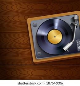 Vintage retro vinyl record player on wooden table background poster vector illustration