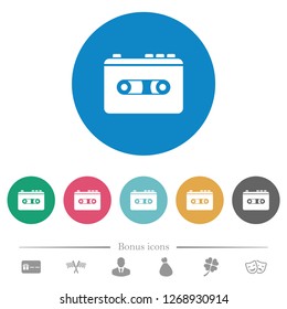 Vintage retro walkman flat white icons on round color backgrounds. 6 bonus icons included.