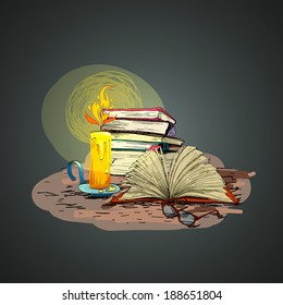 Vintage retro wax candle reading books and glasses doodle vector illustration