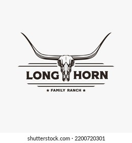 Vintage Retro Western Cattle, Head Skull Of Texas Longhorn Label Logo Vector On White Background