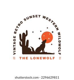 Vintage retro western desert lone wolf logo design badge. night wolf vector illustration