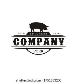 Vintage Retro Western Pork Pig Boar Farm Silhouette Badge Emblem Label Logo Design